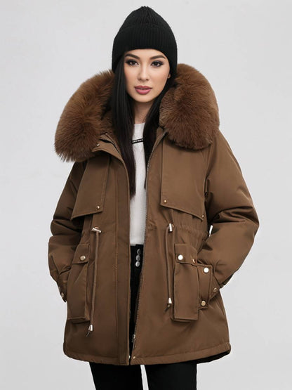 Cocolii mi-longue parka à capuche poches fermeture éclair manches longues femme casual oversized décontracté hiver doudoune