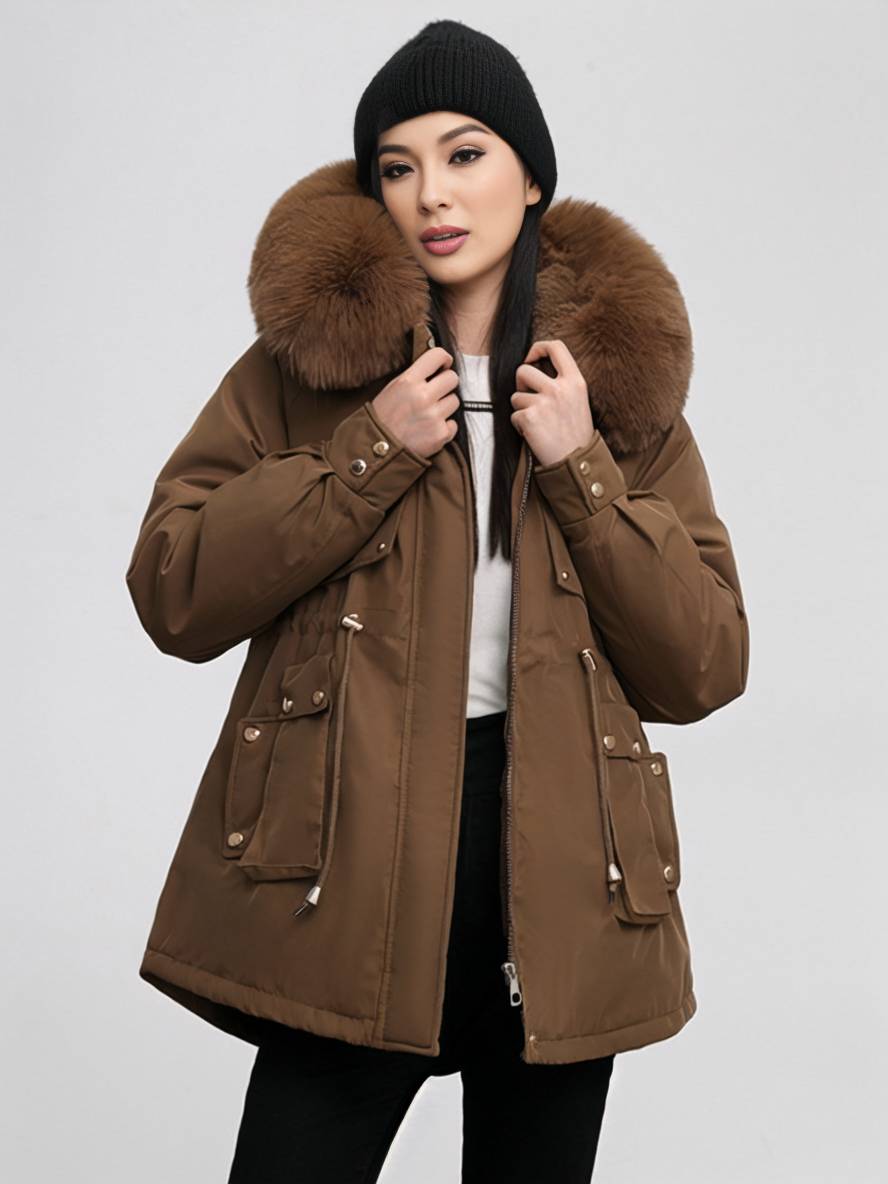 Cocolii mi-longue parka à capuche poches fermeture éclair manches longues femme casual oversized décontracté hiver doudoune