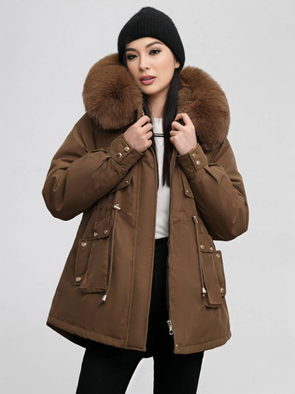 Cocolii mi-longue parka à capuche poches fermeture éclair manches longues femme casual oversized décontracté hiver doudoune