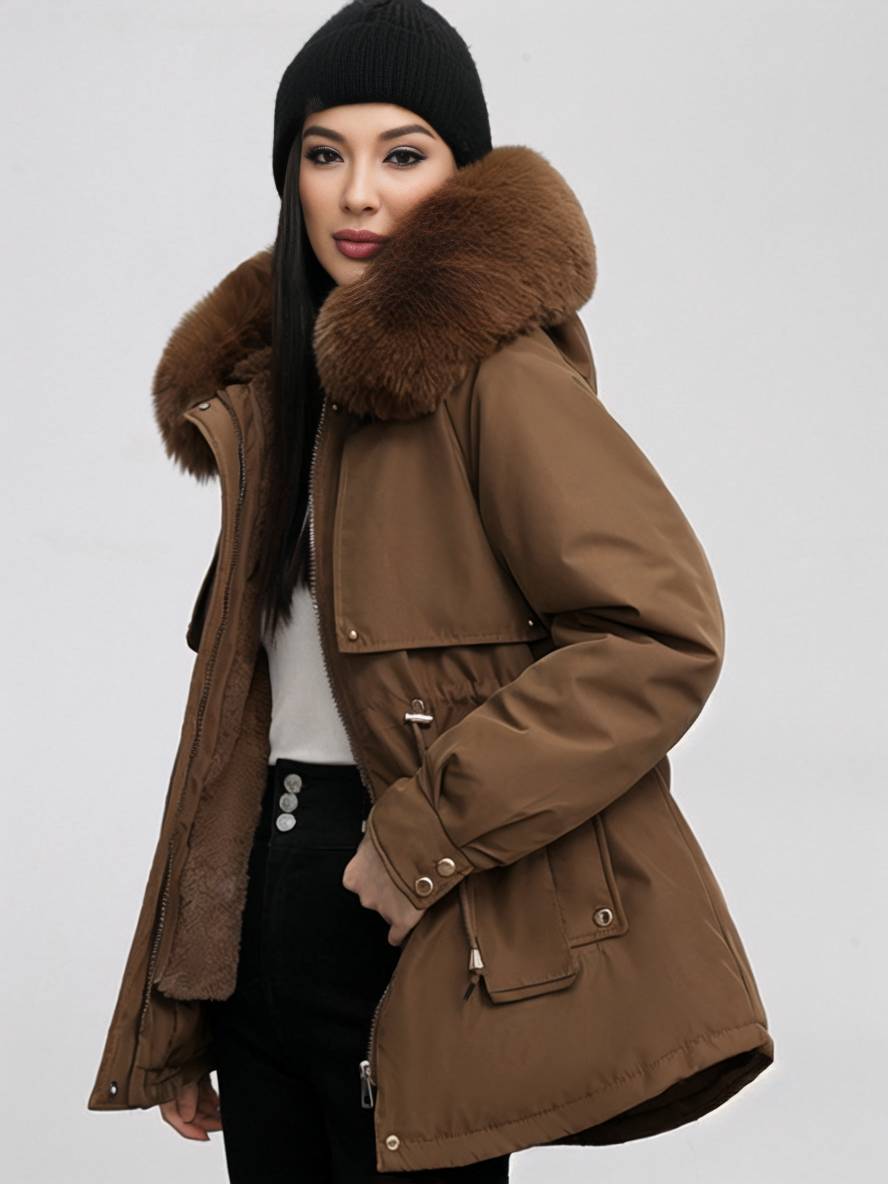 Cocolii mi-longue parka à capuche poches fermeture éclair manches longues femme casual oversized décontracté hiver doudoune