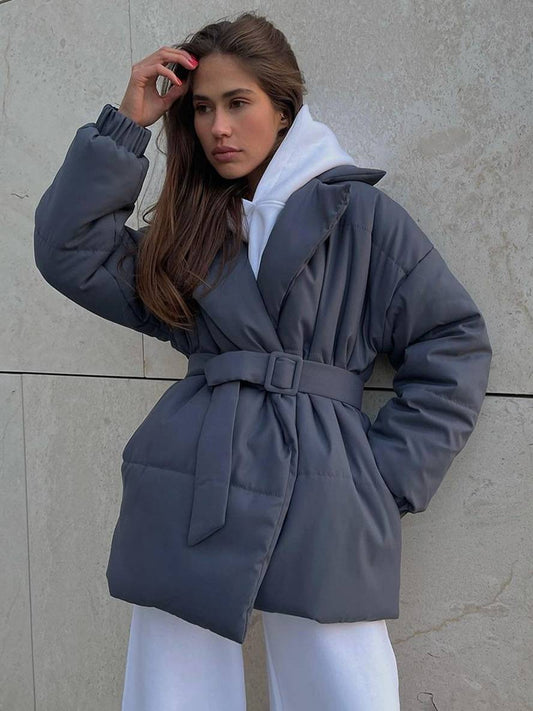 Cocolii hiver mi-longue manteau unicolore ceinture col revers manches longues femme décontract ample oversized casual