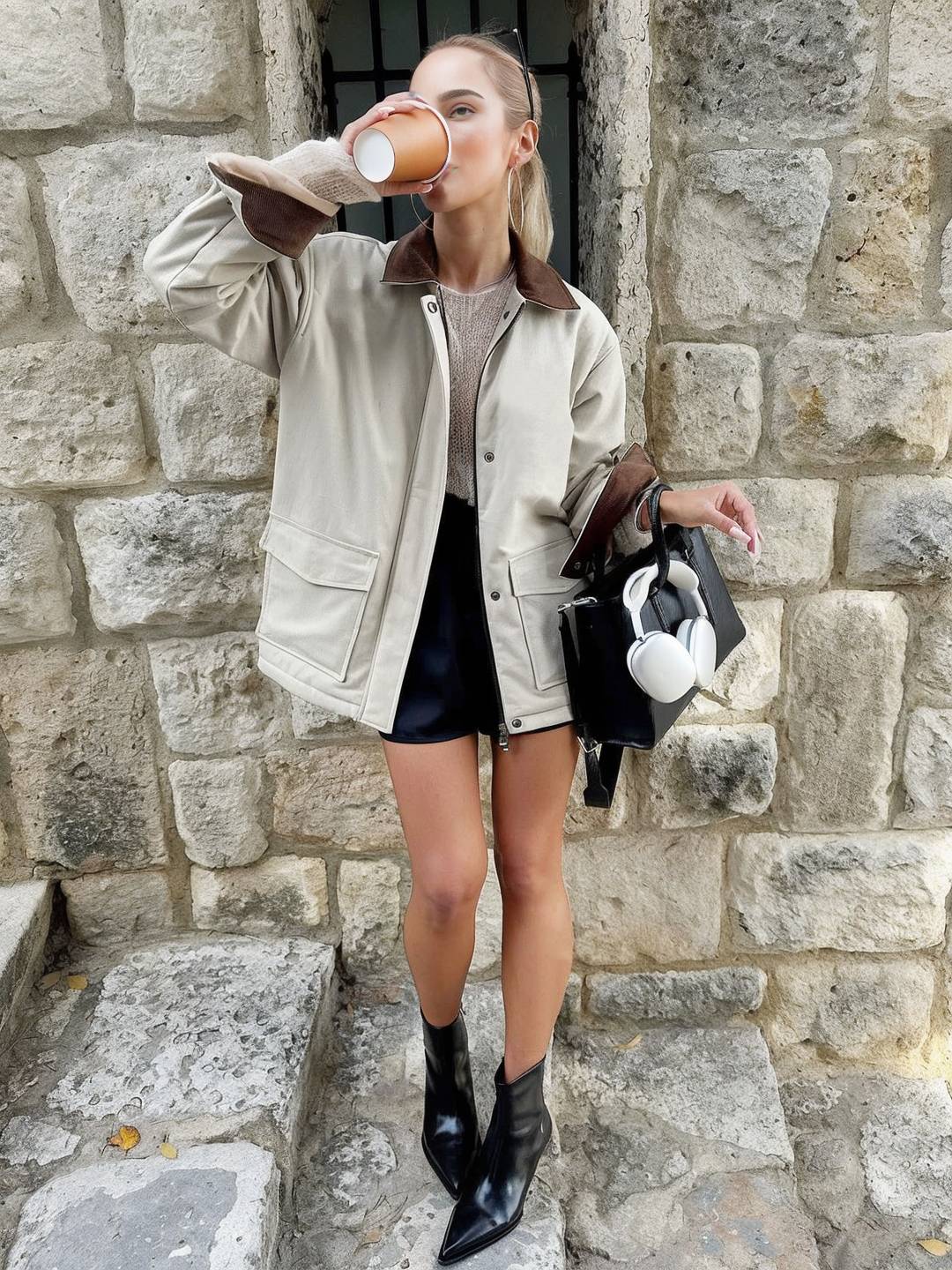 Cocolii parka femme col revers fermeture éclair poches manches longues vintage décontracté automne hiver manteau