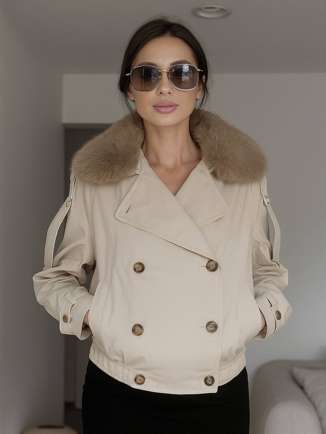 Cocolii court parka femme double boutonnage poches col revers fausse fourrure col décontracté hiver manteau