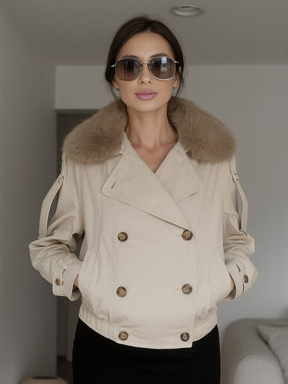 Cocolii court parka femme double boutonnage poches col revers fausse fourrure col décontracté hiver manteau