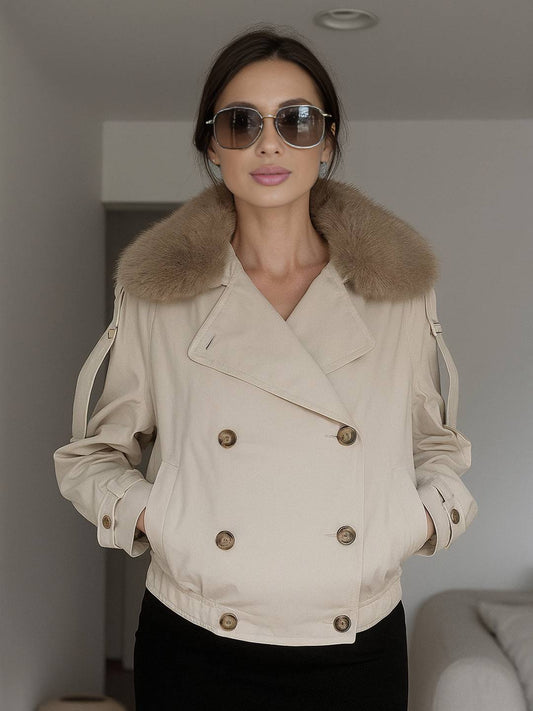 Cocolii court parka femme double boutonnage poches col revers fausse fourrure col décontracté hiver manteau