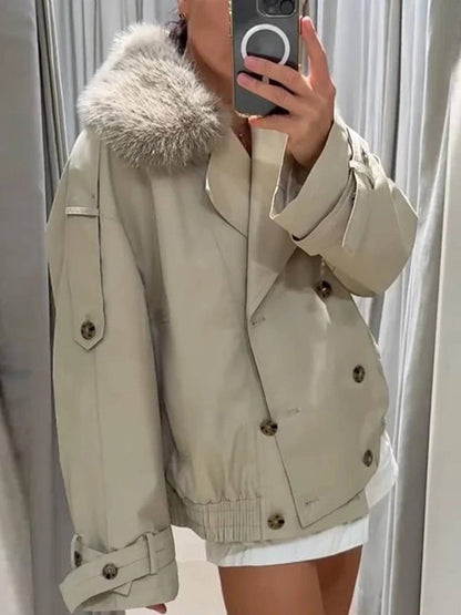 Cocolii court parka femme double boutonnage poches col revers fausse fourrure col décontracté hiver manteau