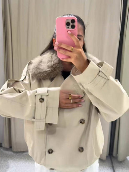 Cocolii court parka femme double boutonnage poches col revers fausse fourrure col décontracté hiver manteau