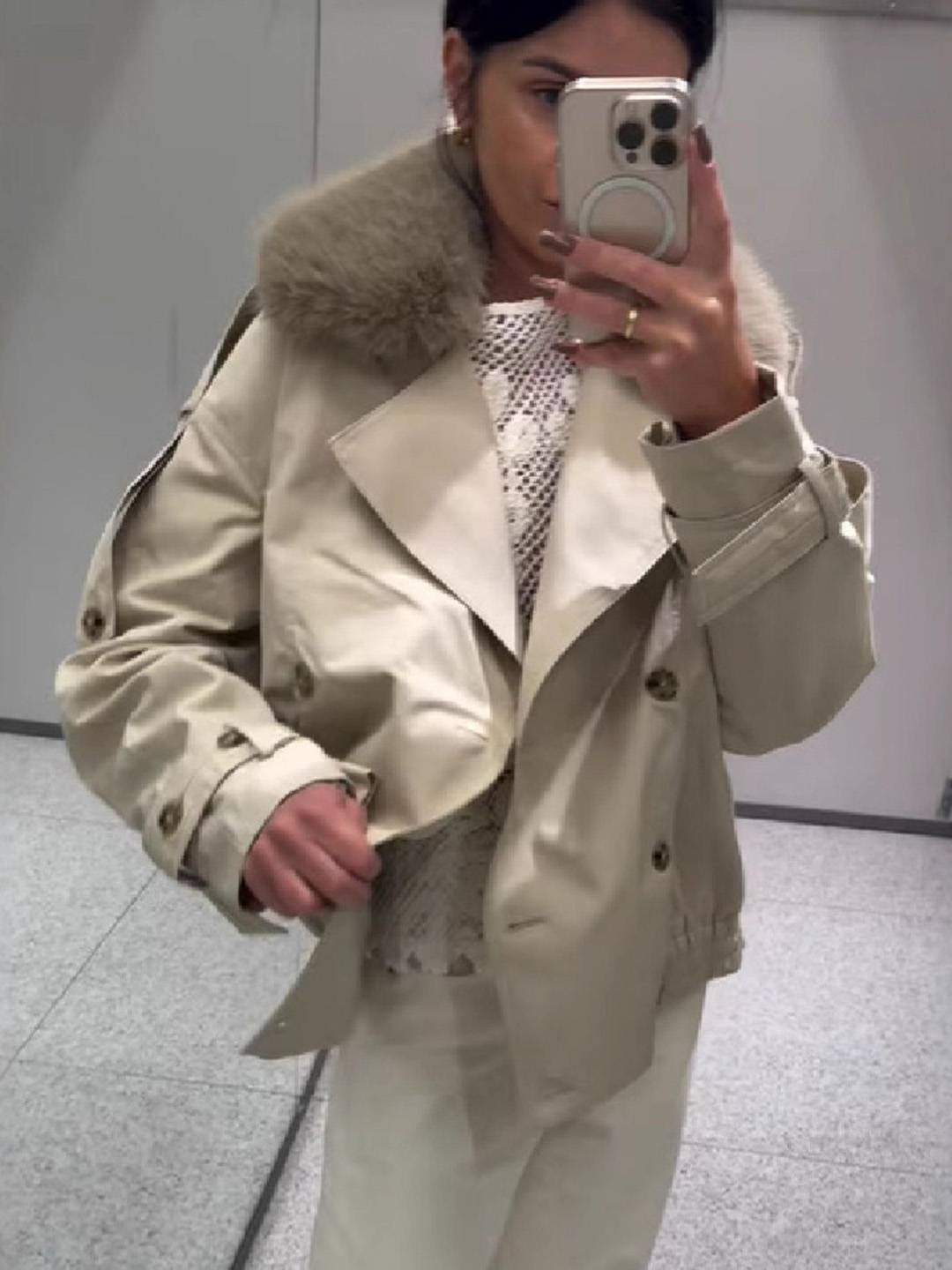 Cocolii court parka femme double boutonnage poches col revers fausse fourrure col décontracté hiver manteau