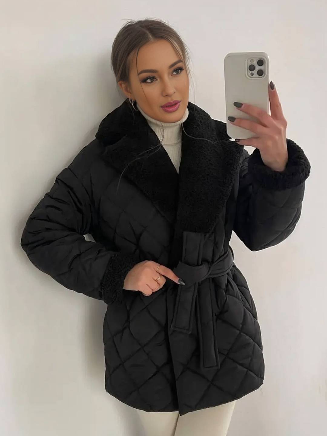 Cocolii mi-longue manteau matelassé femme hiver doudoune chaude ceinturée avec col et poignets en fausse fourrure sherpa