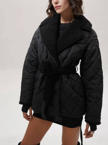 Cocolii mi-longue manteau matelassé femme hiver doudoune chaude ceinturée avec col et poignets en fausse fourrure sherpa