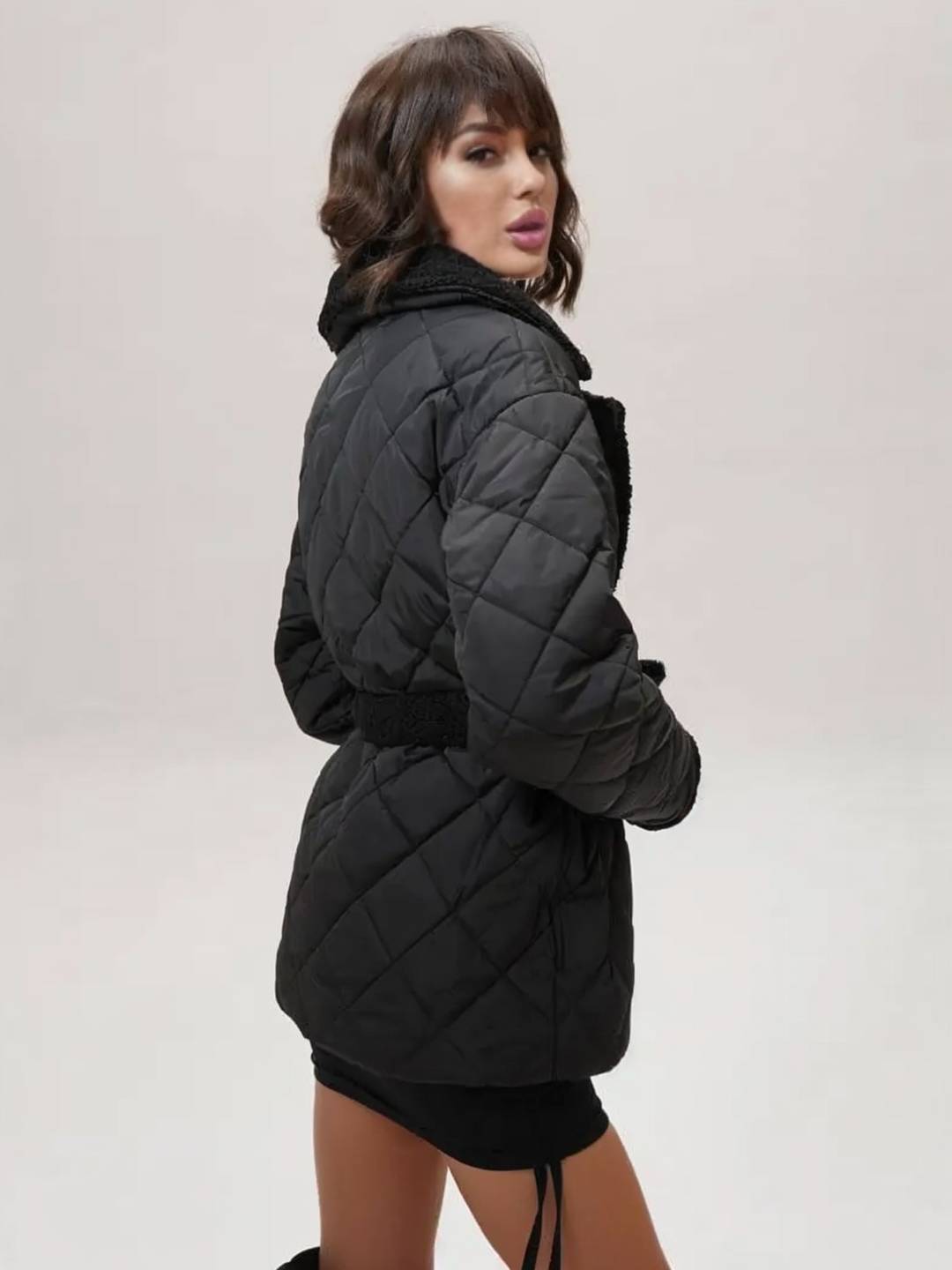 Cocolii mi-longue manteau matelassé femme hiver doudoune chaude ceinturée avec col et poignets en fausse fourrure sherpa