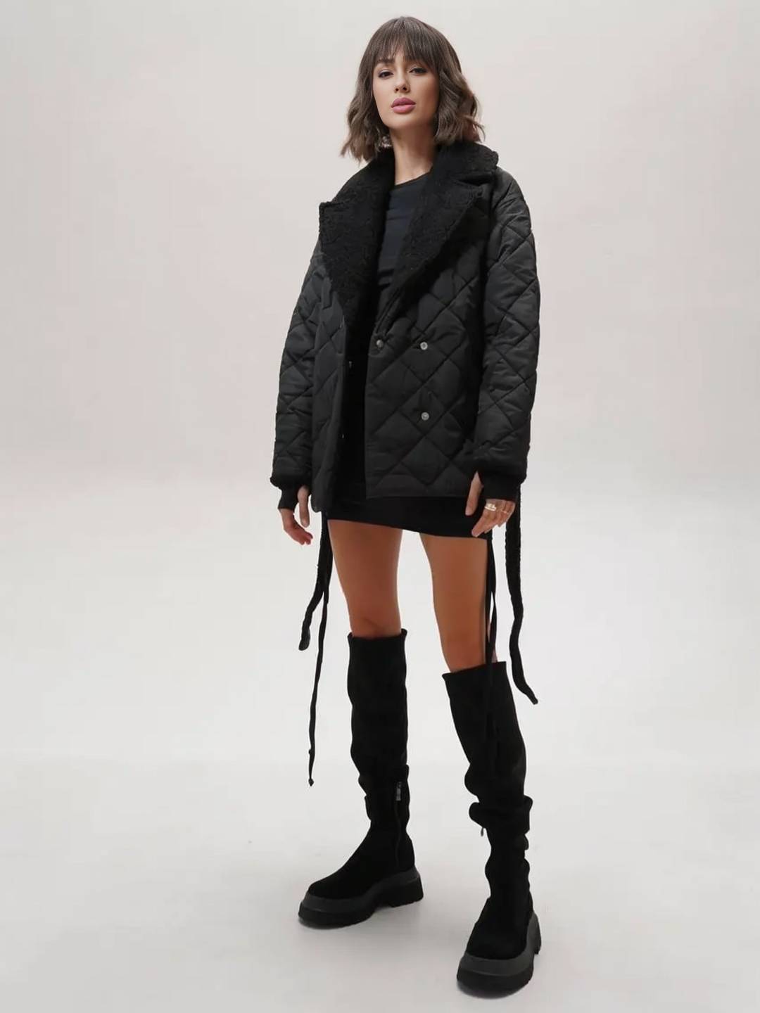 Cocolii mi-longue manteau matelassé femme hiver doudoune chaude ceinturée avec col et poignets en fausse fourrure sherpa