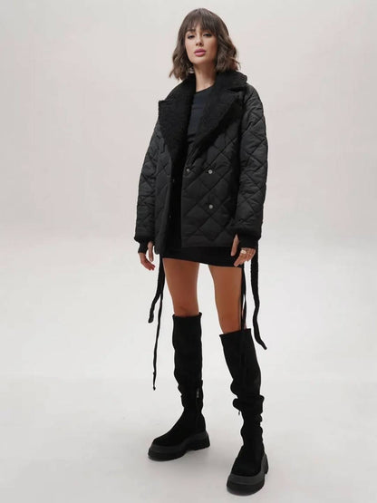 Cocolii mi-longue manteau matelassé femme hiver doudoune chaude ceinturée avec col et poignets en fausse fourrure sherpa