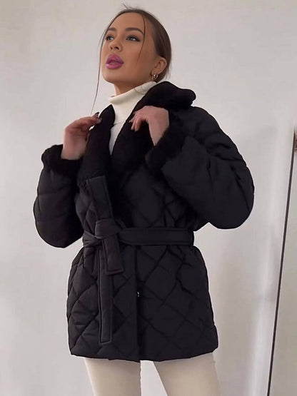 Cocolii mi-longue manteau matelassé femme hiver doudoune chaude ceinturée avec col et poignets en fausse fourrure sherpa