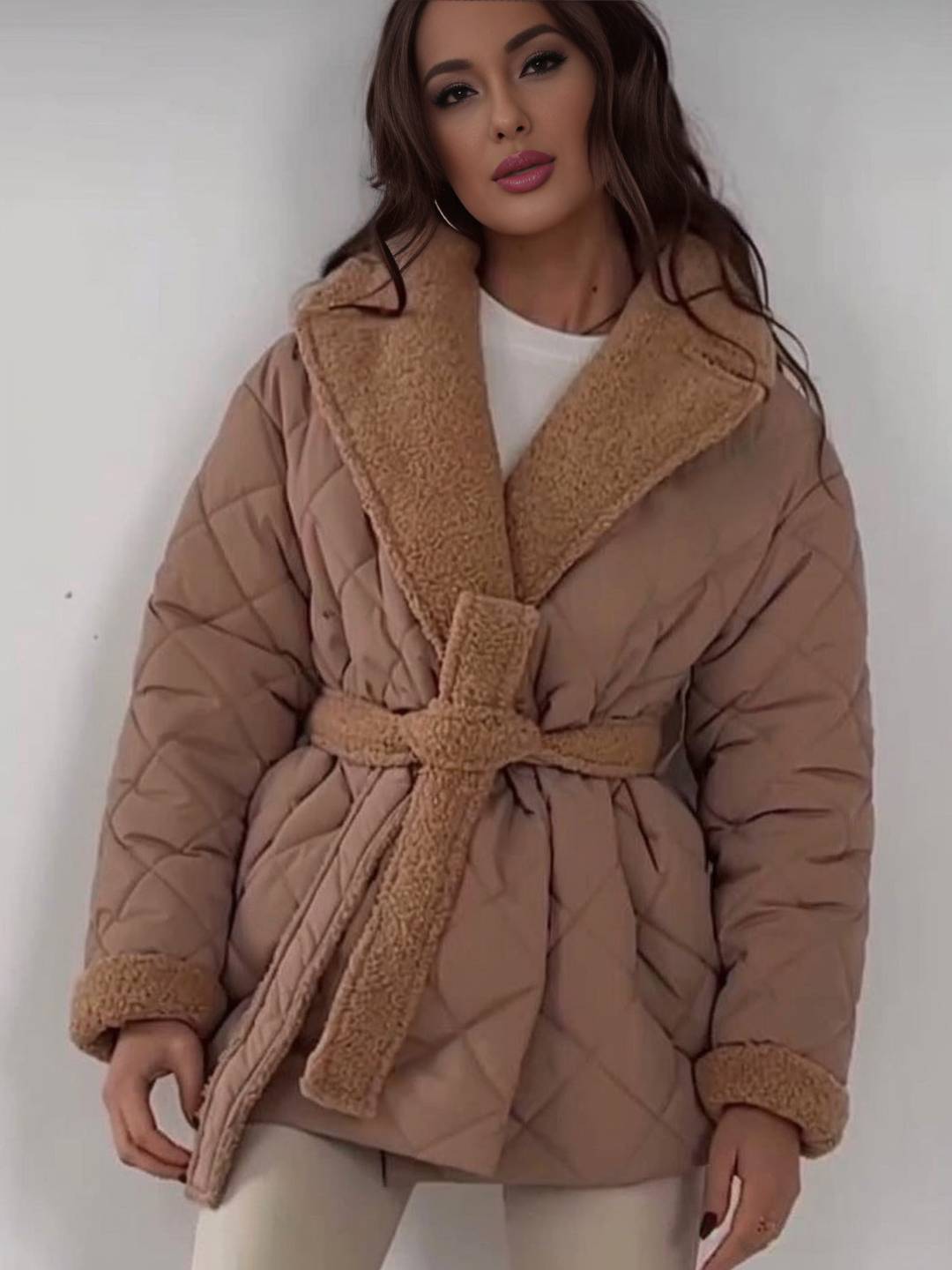 Cocolii mi-longue manteau matelassé femme hiver doudoune chaude ceinturée avec col et poignets en fausse fourrure sherpa