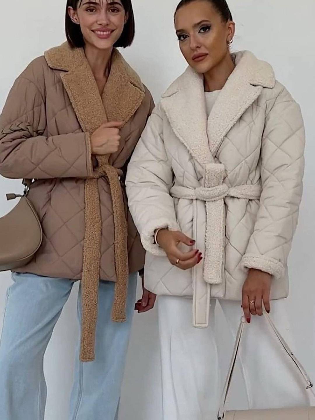 Cocolii mi-longue manteau matelassé femme hiver doudoune chaude ceinturée avec col et poignets en fausse fourrure sherpa