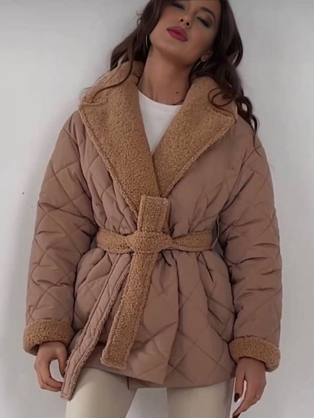 Cocolii mi-longue manteau matelassé femme hiver doudoune chaude ceinturée avec col et poignets en fausse fourrure sherpa