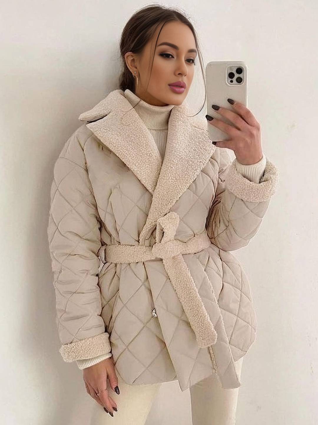 Cocolii mi-longue manteau matelassé femme hiver doudoune chaude ceinturée avec col et poignets en fausse fourrure sherpa