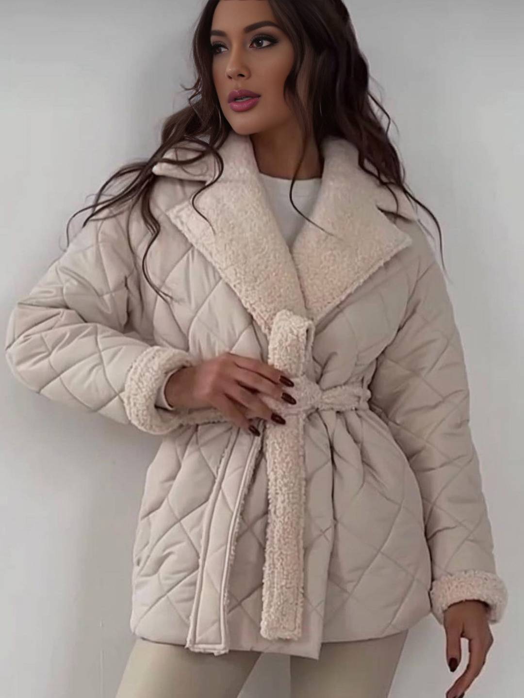 Cocolii mi-longue manteau matelassé femme hiver doudoune chaude ceinturée avec col et poignets en fausse fourrure sherpa