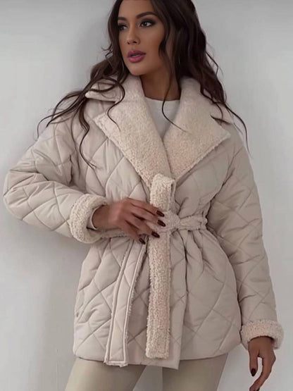 Cocolii mi-longue manteau matelassé femme hiver doudoune chaude ceinturée avec col et poignets en fausse fourrure sherpa
