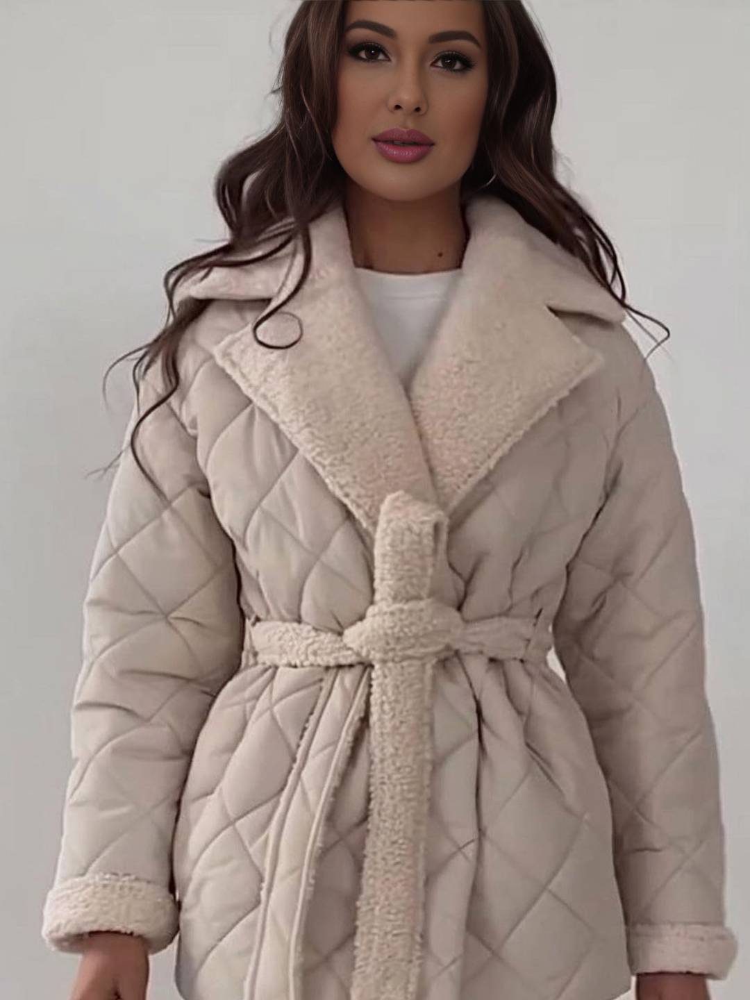 Cocolii mi-longue manteau matelassé femme hiver doudoune chaude ceinturée avec col et poignets en fausse fourrure sherpa