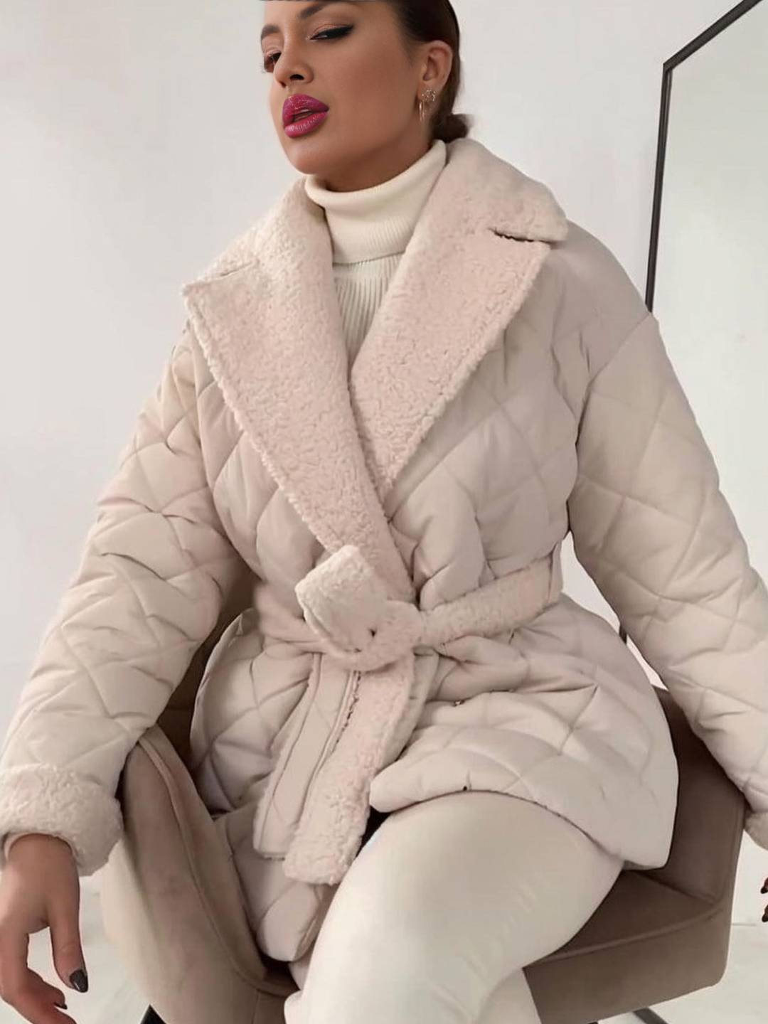 Cocolii mi-longue manteau matelassé femme hiver doudoune chaude ceinturée avec col et poignets en fausse fourrure sherpa