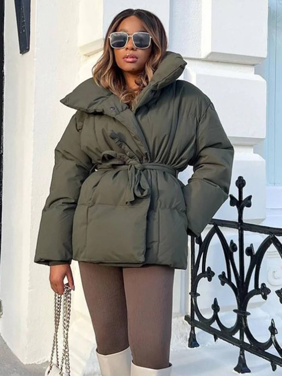 Cocolii mi-longue doudoune femme ceinturée en coton manteau d'hiver matelassé chaud à montant décontracté oversized veste