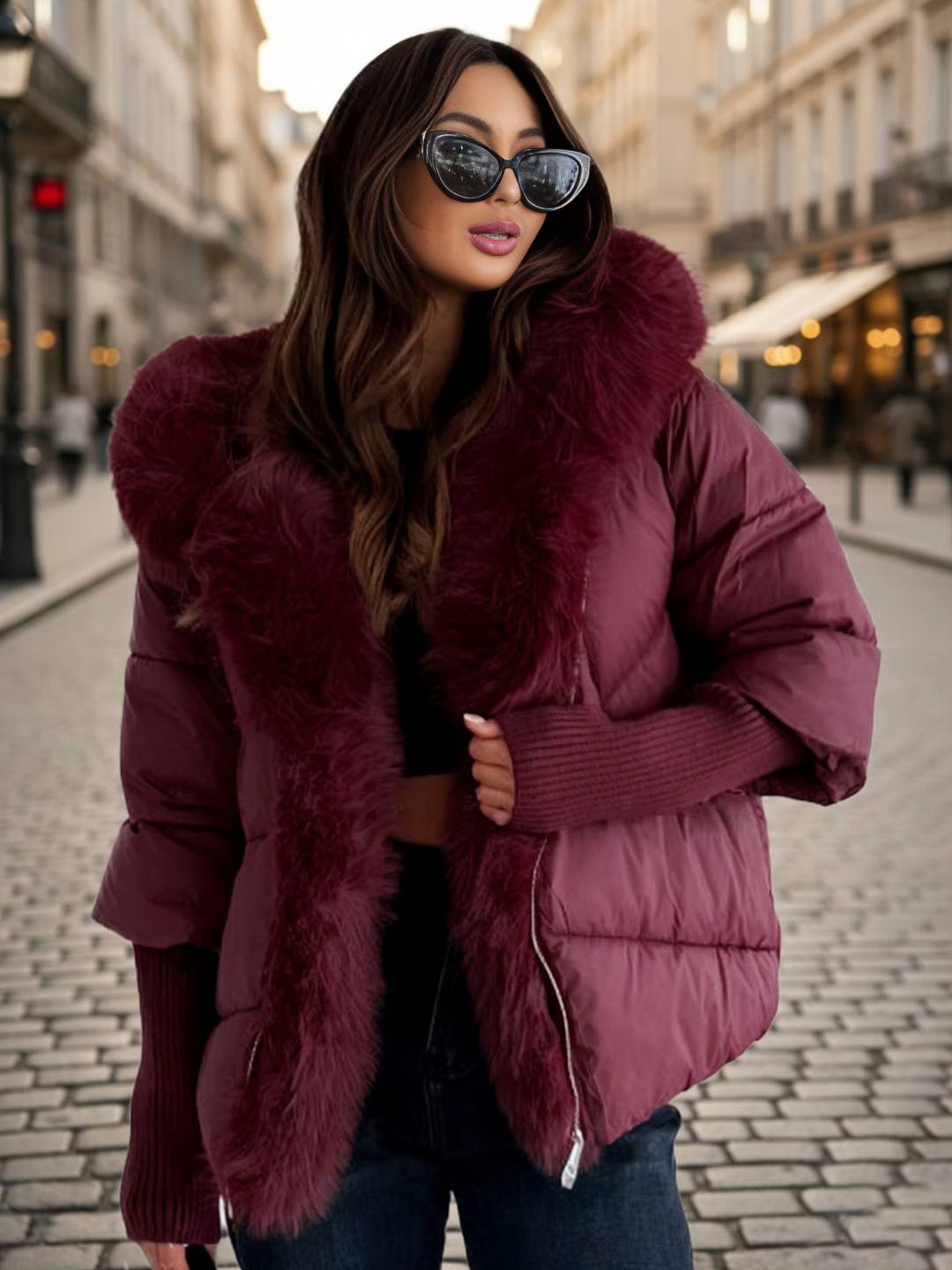 Cocolii parka doudoune femme à capuche et bordure fausse fourrure fermeture éclair décontracté oversized hiver veste