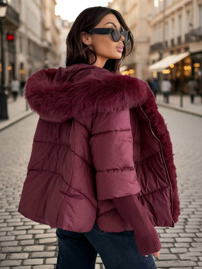 Cocolii parka doudoune femme à capuche et bordure fausse fourrure fermeture éclair décontracté oversized hiver veste