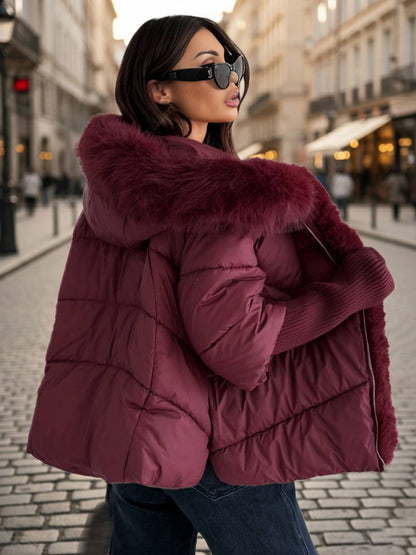 Cocolii parka doudoune femme à capuche et bordure fausse fourrure fermeture éclair décontracté oversized hiver veste