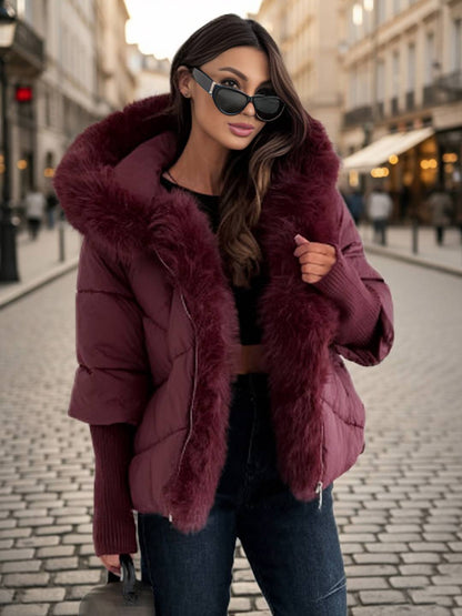 Cocolii parka doudoune femme à capuche et bordure fausse fourrure fermeture éclair décontracté oversized hiver veste