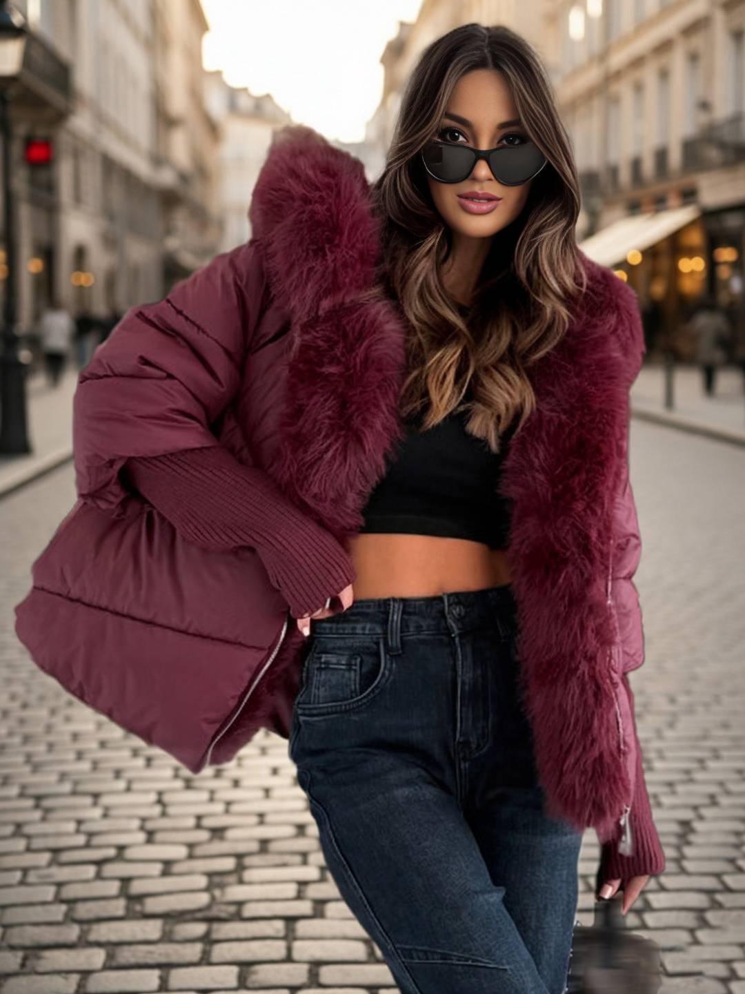 Cocolii parka doudoune femme à capuche et bordure fausse fourrure fermeture éclair décontracté oversized hiver veste
