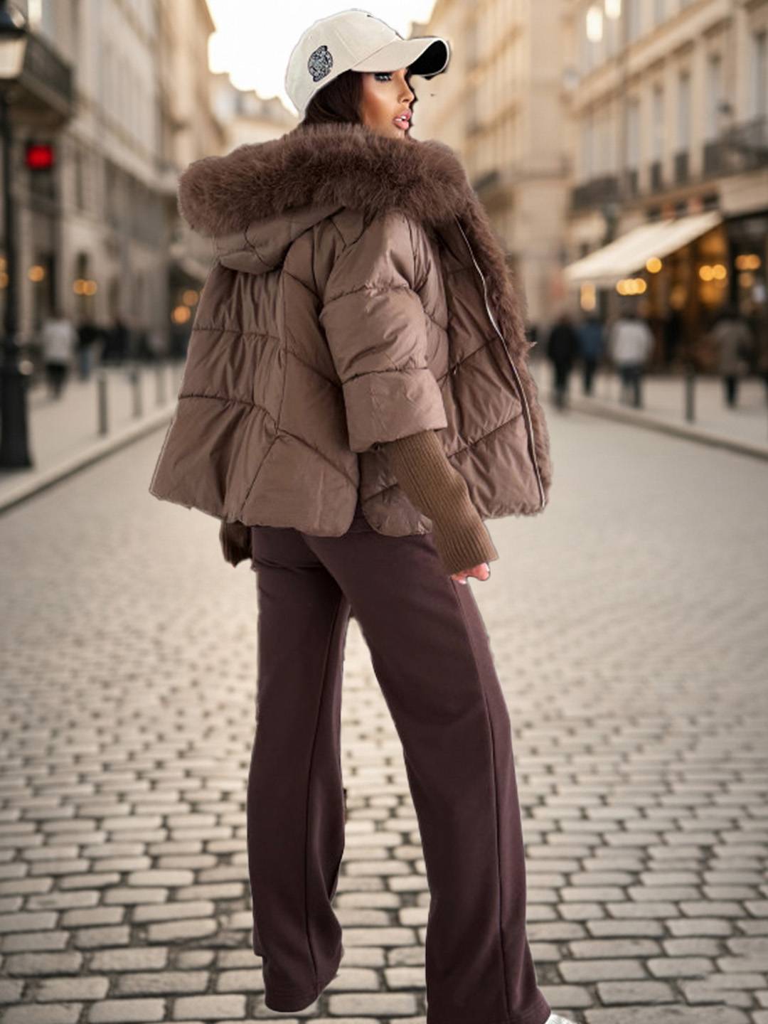 Cocolii parka doudoune femme à capuche et bordure fausse fourrure fermeture éclair décontracté oversized hiver veste