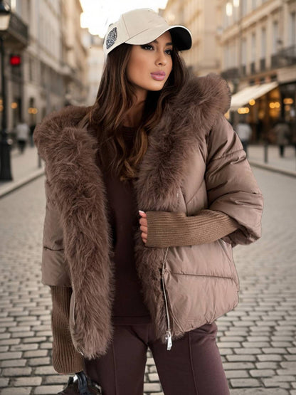 Cocolii parka doudoune femme à capuche et bordure fausse fourrure fermeture éclair décontracté oversized hiver veste