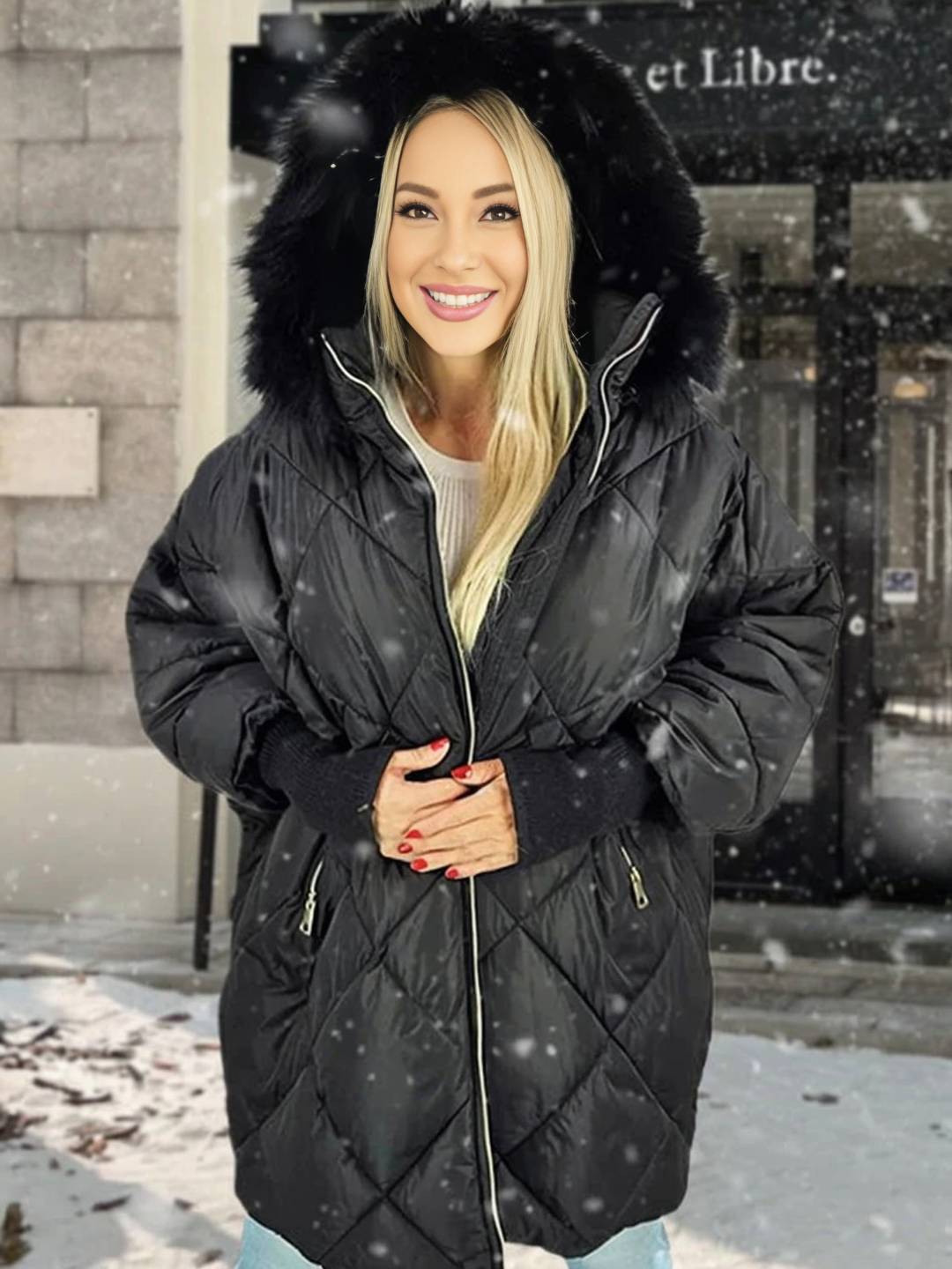 Cocolii mi-longue doudoune à capuche poches fermeture éclair manches longues femme oversized décontracté hiver veste