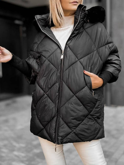 Cocolii mi-longue doudoune à capuche poches fermeture éclair manches longues femme oversized décontracté hiver veste