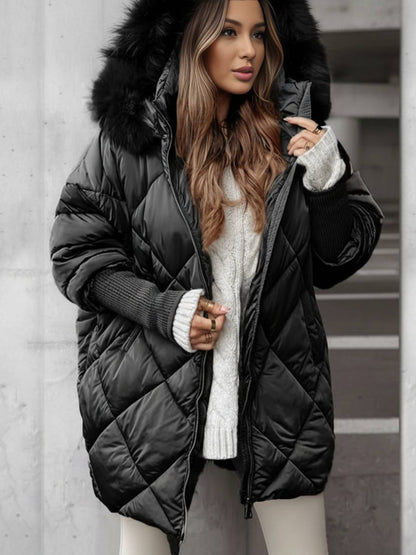 Cocolii mi-longue doudoune à capuche poches fermeture éclair manches longues femme oversized décontracté hiver veste