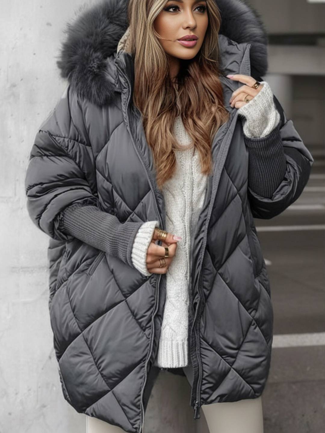 Cocolii mi-longue doudoune à capuche poches fermeture éclair manches longues femme oversized décontracté hiver veste