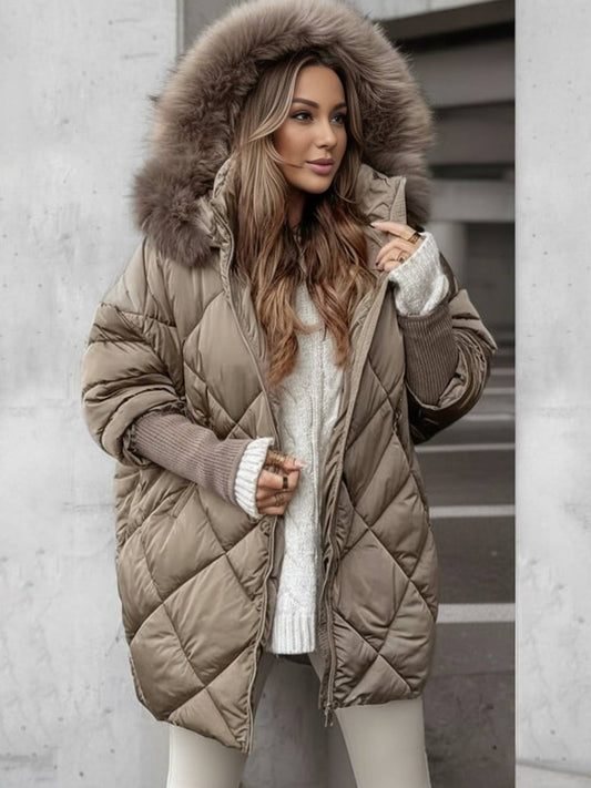 Cocolii mi-longue doudoune à capuche poches fermeture éclair manches longues femme oversized décontracté hiver veste