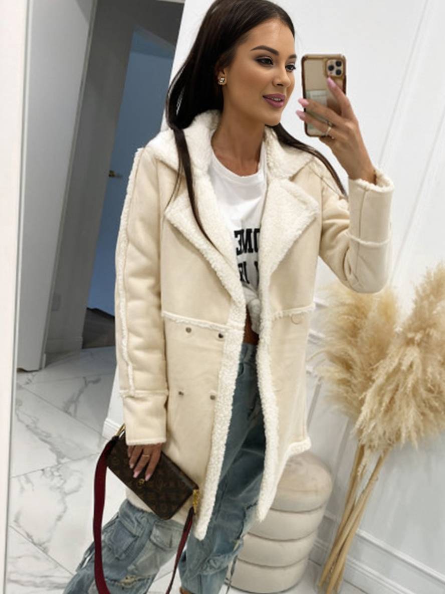 Cocolii mi-longue manteau aviateur en suedine intérieur polaire double boutonnage col revers femme oversized hiver veste