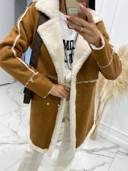 Cocolii mi-longue manteau aviateur en suedine intérieur polaire double boutonnage col revers femme oversized hiver veste