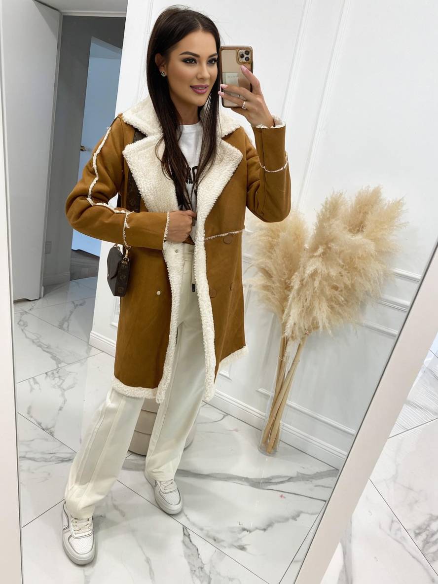 Cocolii mi-longue manteau aviateur en suedine intérieur polaire double boutonnage col revers femme oversized hiver veste