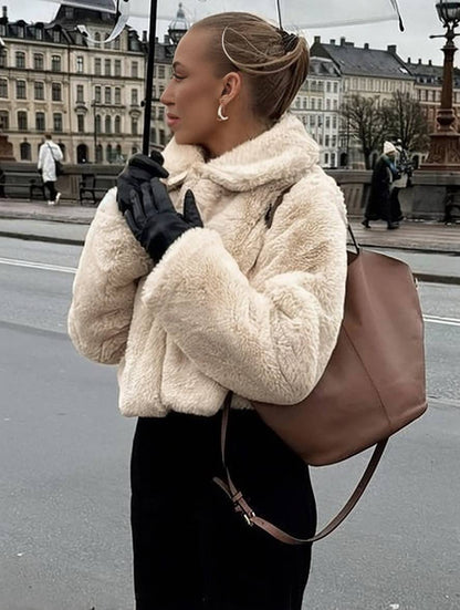 Cocolii court manteau polaire fermeture éclair col revers manches longues femme élégant écontracté mode veste