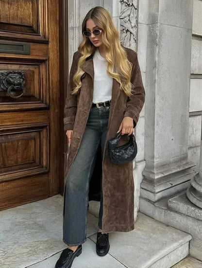 Cocolii longue manteau suedine double boutonnage ceinture col revers manches longues femme élégant décontracté ample veste