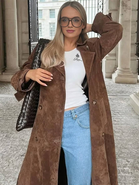 Cocolii longue manteau suedine double boutonnage ceinture col revers manches longues femme élégant décontracté ample veste