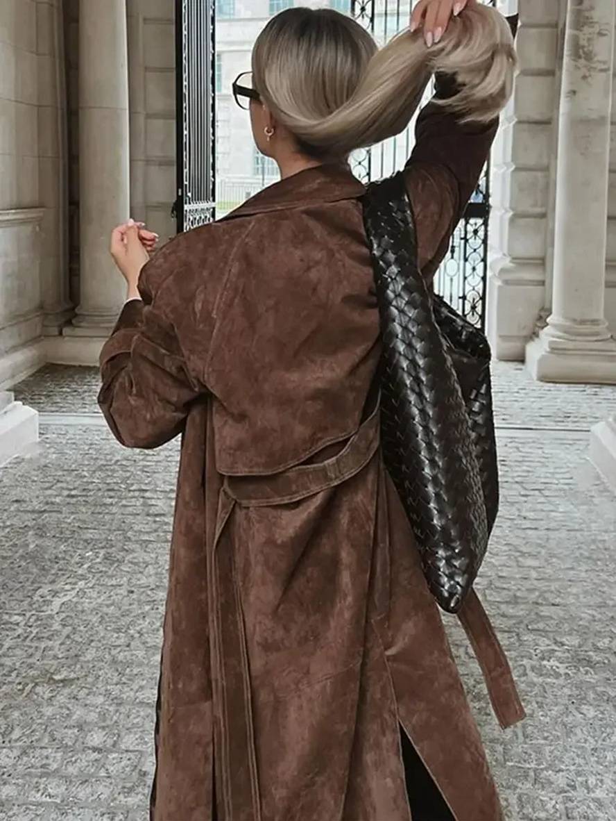 Cocolii longue manteau suedine double boutonnage ceinture col revers manches longues femme élégant décontracté ample veste