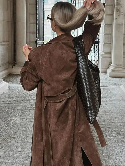 Cocolii longue manteau suedine double boutonnage ceinture col revers manches longues femme élégant décontracté ample veste