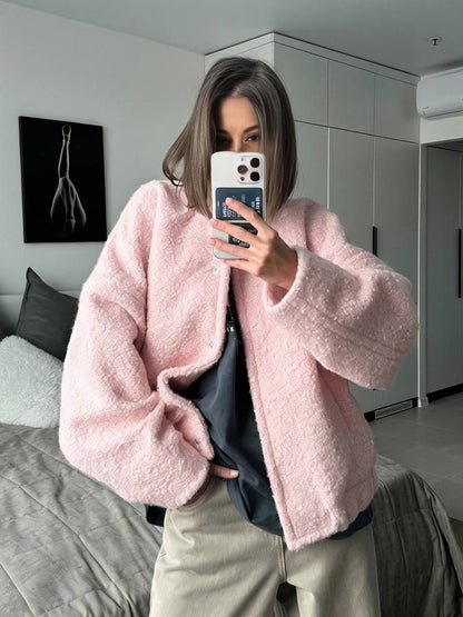 Cocolii manteau boutonnage poches col montant épaule tombante femme élégant décontracté doux hiver veste