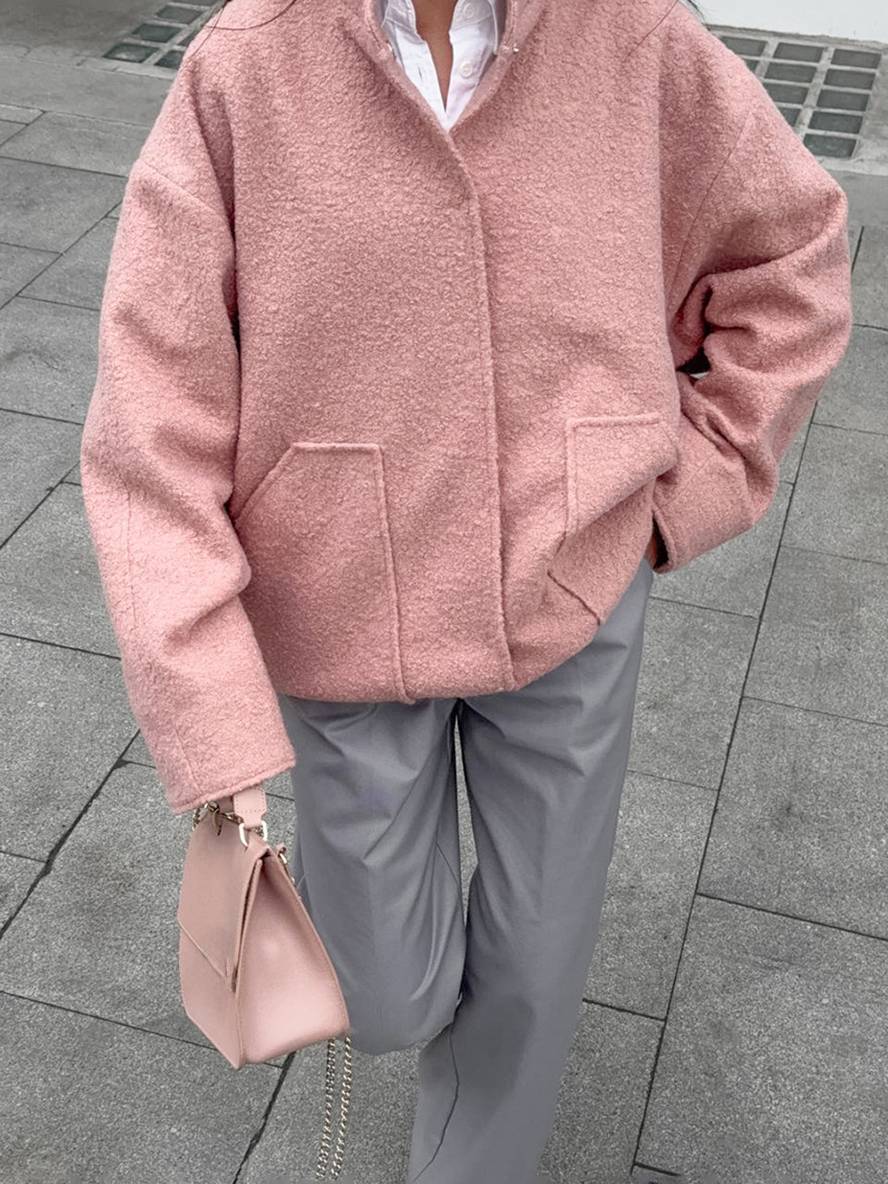 Cocolii court manteau unicolore polaire boutonnage poches col montant femme élégant décontracté doux veste