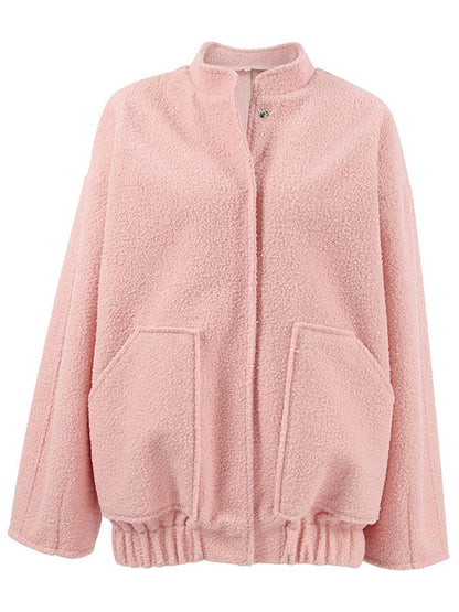 Cocolii court manteau unicolore polaire boutonnage poches col montant femme élégant décontracté doux veste